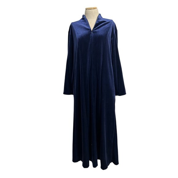 Oscar De La Renta Vintage Womens XL Navy Blue Velvet Long Robe With Zip Front - Picture 1 of 11